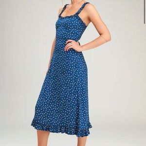 Faithfull the Brand Naomie Blue Floral Ruffle Midi Dress Size X-Small